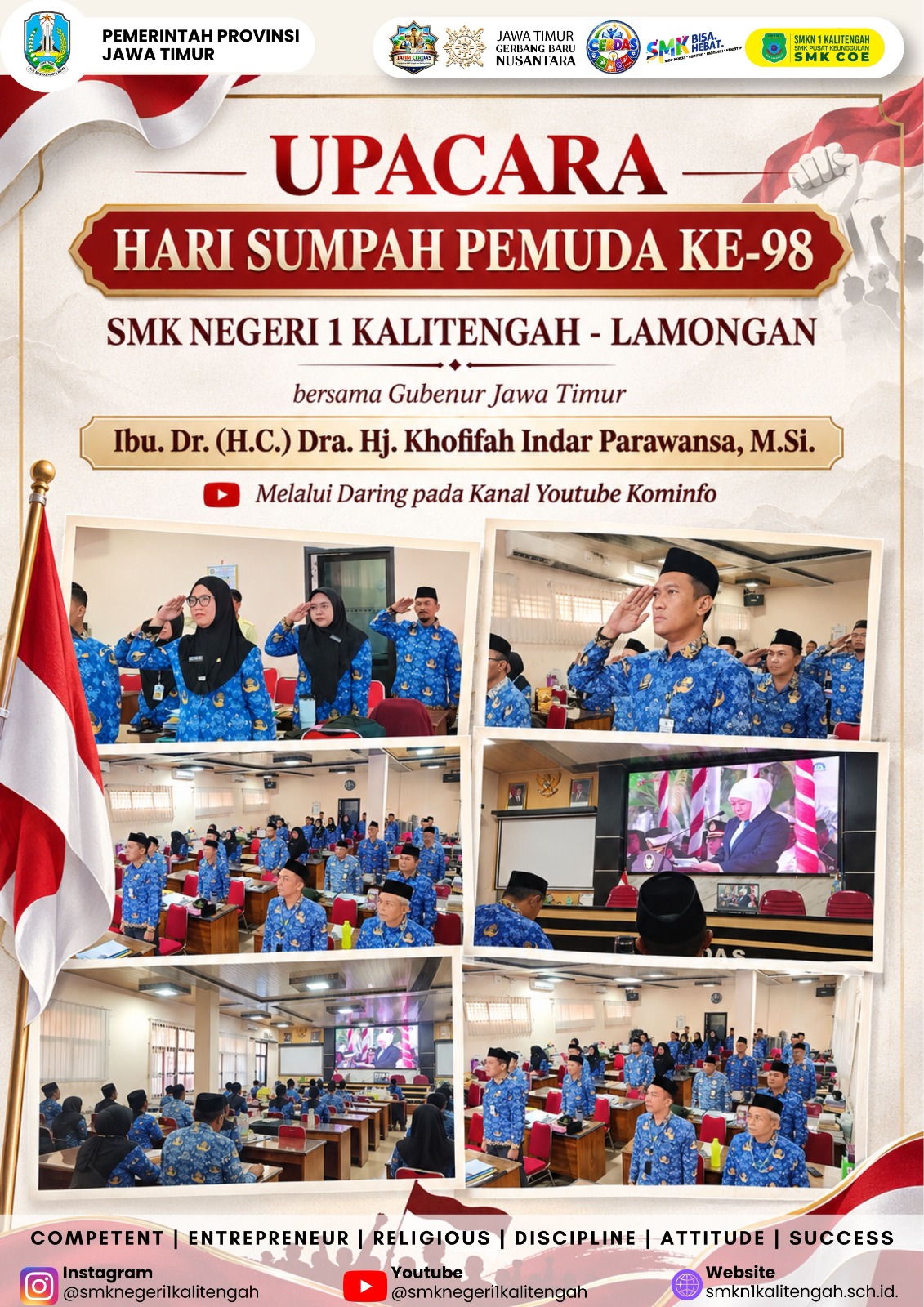 Keluarga Besar SMKN 1 Kalitengah Khidmat Ikuti Upacara Hari Sumpah Pemuda ke-98 Bersama Gubernur Jawa Timur Secara Daring