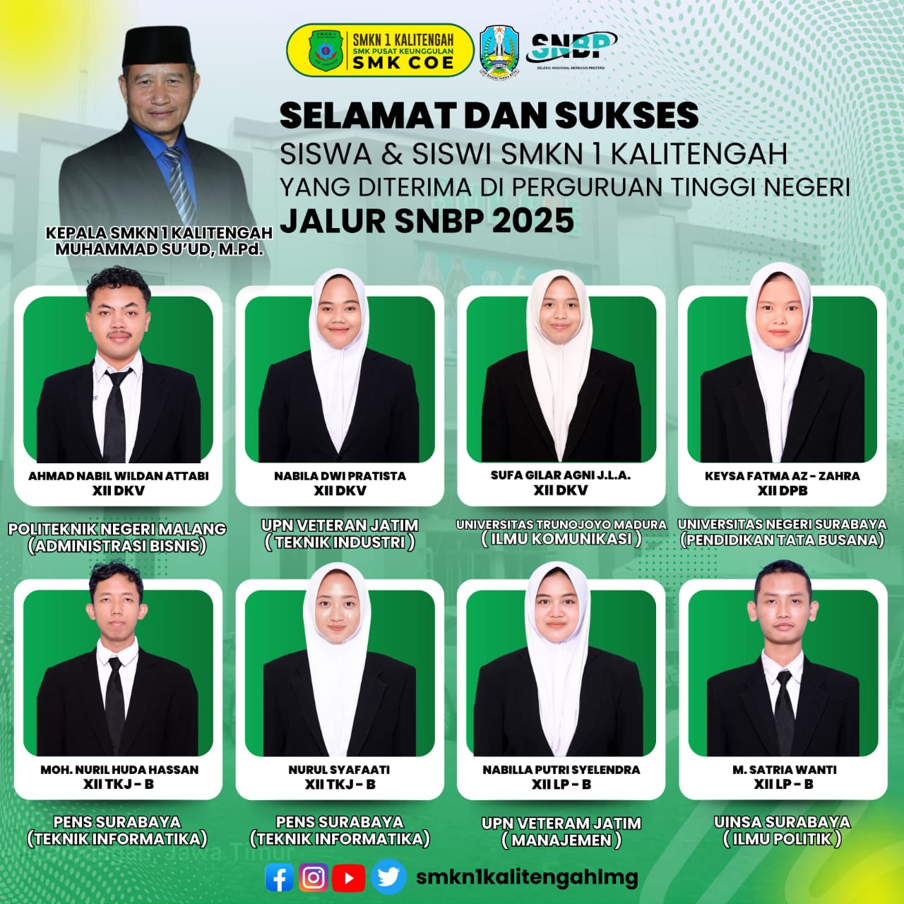 SELAMAT & SUKSES SISWA SISWI SMK NEGERI 1 KALITENGAH YANG TELAH DITERIMA DIPERGURUAN TINGGI NEGERI JALUR SNBP 2025