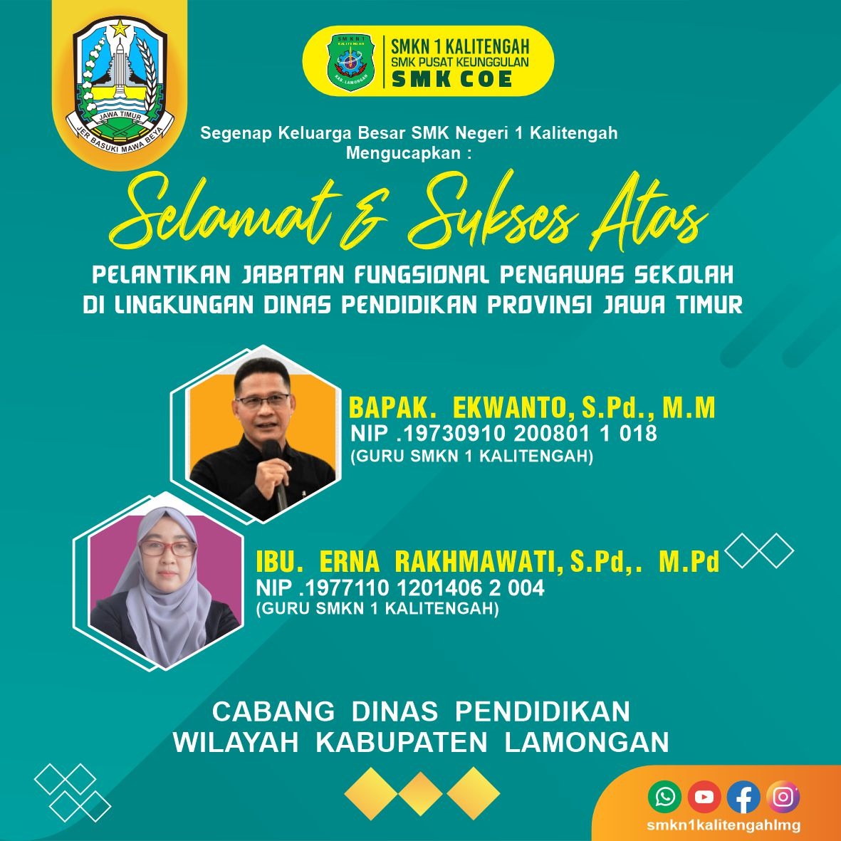 Selamat & Sukses Atas Pelantikan Jabatan Fungsional Pengawas Sekolah Di Lingkungan Dinas Pendidikan Provinsi Jawa Timur Bapak EKWANTO, S.Pd., MM & Ibu ERNA RAHMAWATI, S.Pd., M.Pd.