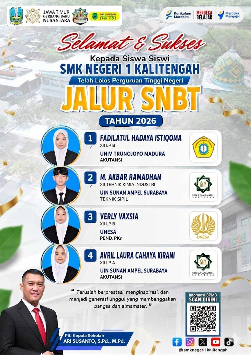 SELAMAT & SUKSES SISWA SISWI SMK NEGERI 1 KALITENGAH LOLOS PTN JALUR SNBT 2026