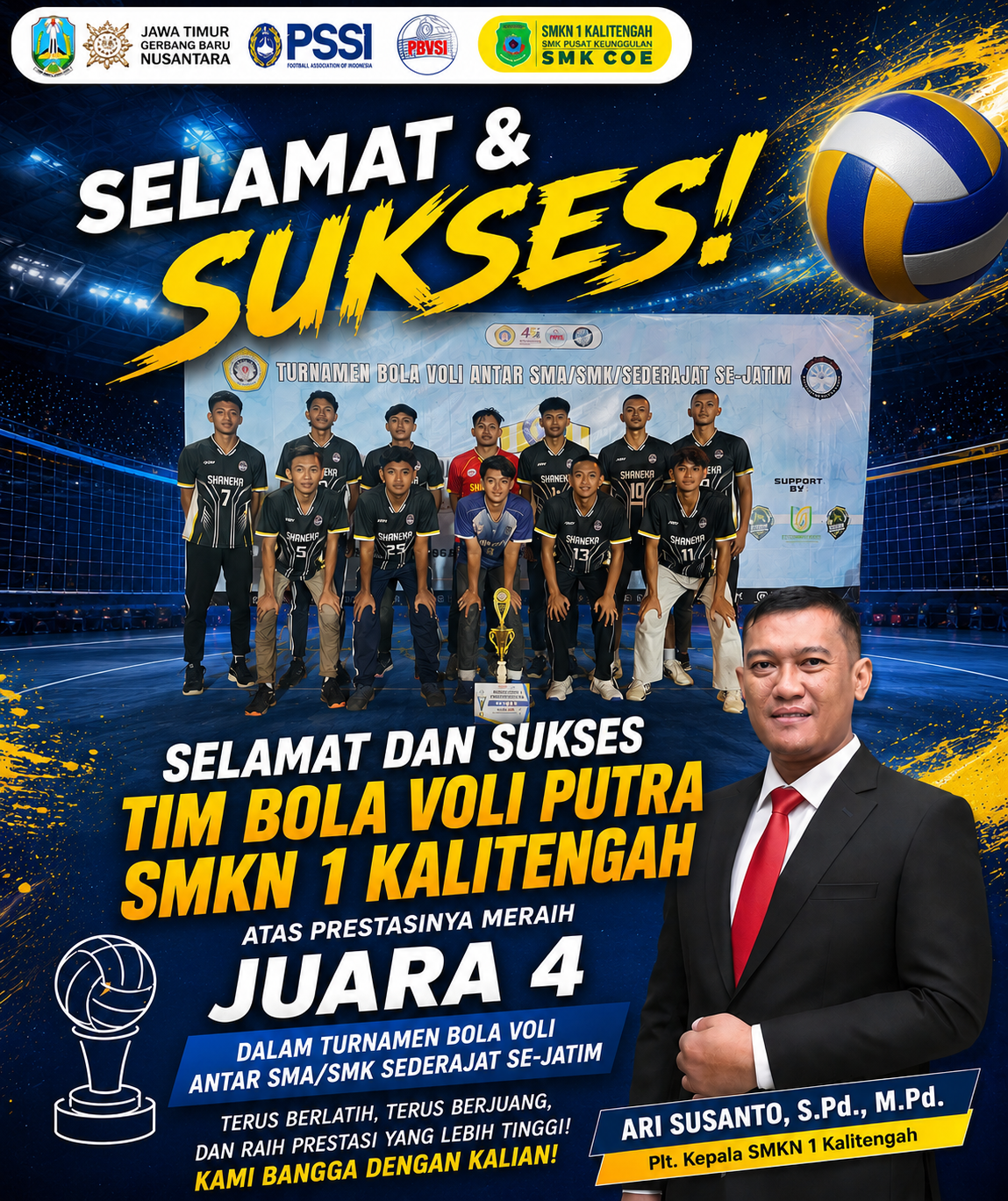 TIM BOLA VOLI PUTRA SMK NEGERI 1 KALITENGAH MERAIH JUARA 4 DALAM TURNAMEN ANTAR SMA/SMK SE-JATIM