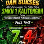 Selamat dan sukses kepada Tim Futsal SMKN 1 Kalitengah atas kemenangan luar biasa dengan skor 7-4 melawan SMKS YASMU Manyar dalam Turnamen Tribun Putih Abu-Abu